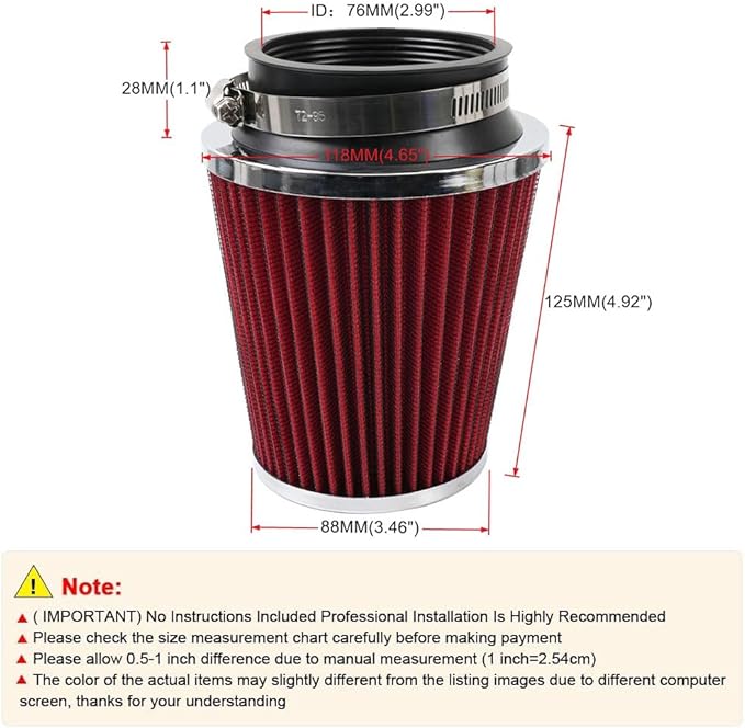 Clamp-On Cold Air Intake Filter, High Performance, Washable Filter, Replacement Air Filter, Flange Diameter 3inch/76mm Red
