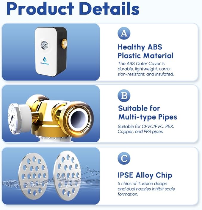 Upgraded Salt Free Water Descaler with Pressure Gauge丨26.4GPM Whole House Water Softener System丨1-Inch NPT Water Heater Descaler丨Prevent Scale Built Up On Water Heaters丨10-Year Durability