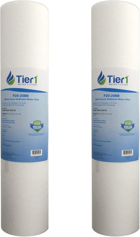 Tier1 20 Micron 20 Inch x 4.5 Inch | 2-Pack Spun Wound Polypropylene Whole House Sediment Water Filter Replacement Cartridge | Compatible with Pentek DGD-7525-20, 155356-43, Home Water Filter