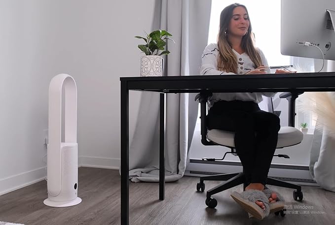 U ULTTY Bladeless Tower Fan and Air Purifier in one, True HEPA Filter 99.97% Smoke Dust Pollen Dander, Oscillating Tower Fan with Remote Control CR022D, White