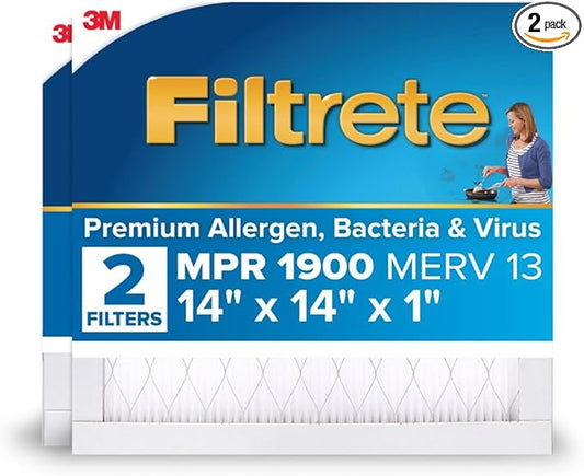 Filtrete 14x14x1 AC Furnace Air Filter, MERV 13, MPR 1900, Premium Allergen, Bacteria&Virus Filter, 3-Month Pleated 1-Inch Electrostatic Air Cleaning Filter, 2-Pack (Actual Size 13.781x13.813x0.84 in)