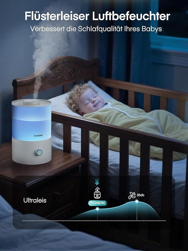 FOHERE Humidifiers for Bedroom, 3.2L Cool Mist Baby Humidifier, 28H Quiet Runtime, Auto Shut-Off, 7-Color Nightlight, Top-Fill, BPA-Free, Essential Oil Diffuser for Home, Room, Nursery, Plants,Office