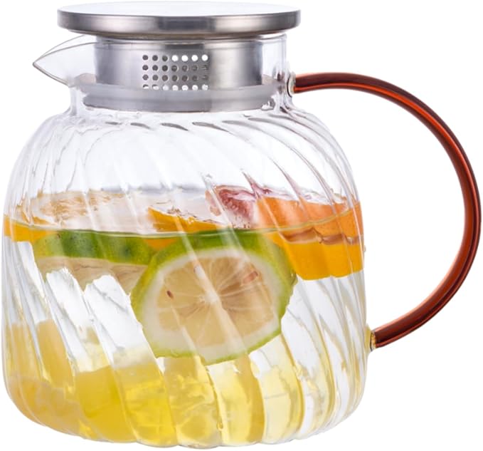 Glass Pitcher with Lid,47 oz/1400 ml, Hand Blown Glass Water Pitcher for Drinks,Iced Tea, Juice, Coffee, Milk, Hot Water and Tea, Heat Resistant