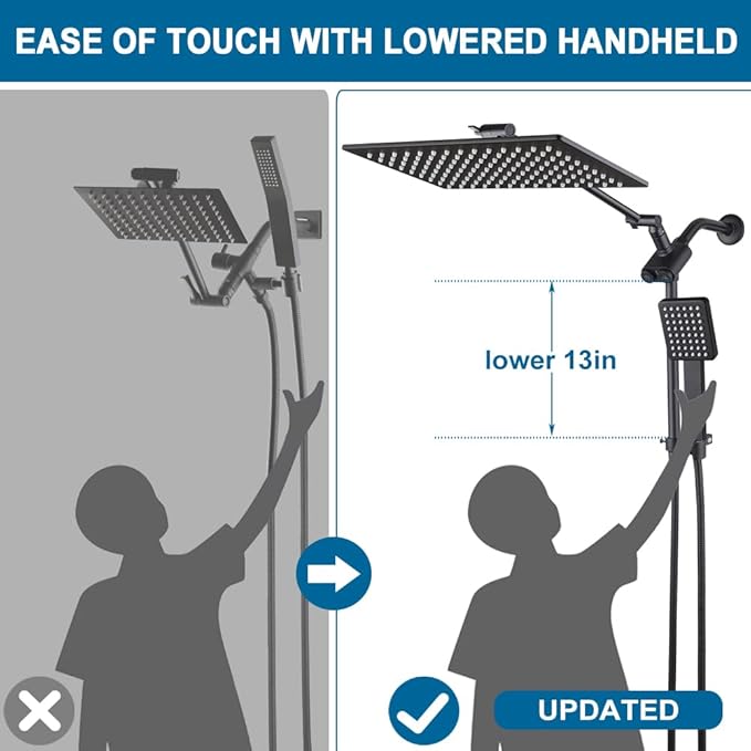 POP SANITARYWARE All Metal Matte Black Shower Head with Handheld, High Pressure 12 Inch Showerhead Combo, 71 Inch / 6 ft Hose, Press Button 4-Way Diverter, Adjustable Extension Arm