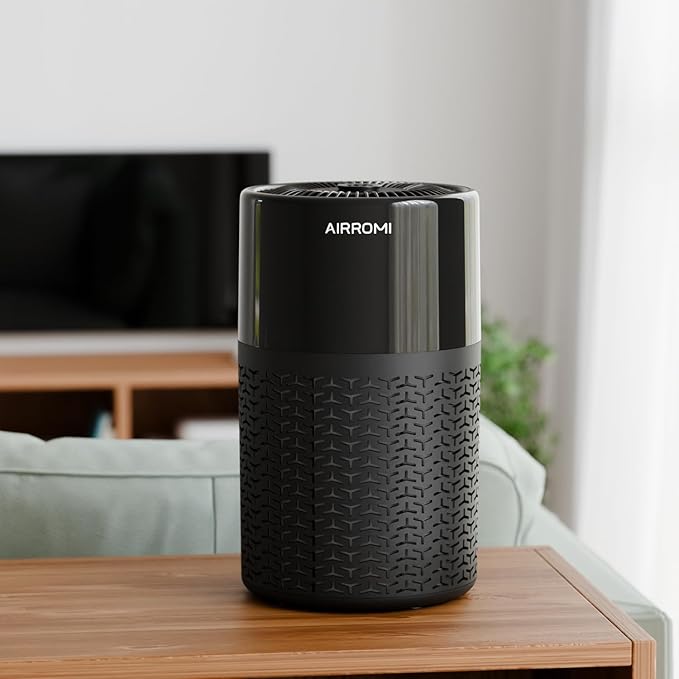 AIRROMI Pets Air Purifier for Home Allergies,Up to 660 ft².Yellow Deodorizing Activated Carbon Filter,With Fragrance Sponge for Better Sleep,Night Light,Pet Dander,Smoke,Odors,Air Cleaner A2002 Black