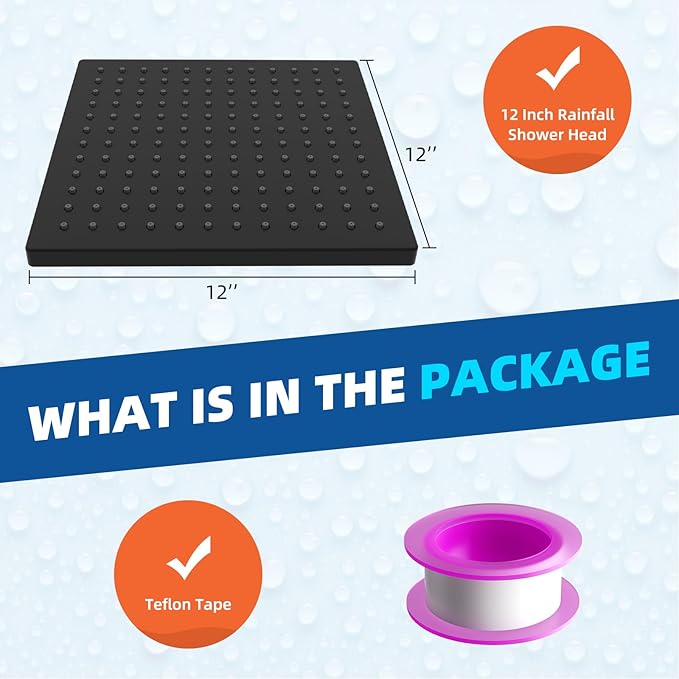 Hibbent Thickness Metal Rain Shower Head, 12 Inch High Pressure Shower Heads, Square Large Bathroom Rainfall Shower Head with Adjustable Brass Ball Joint, Waterfall Full Body Coverage, Matte Black