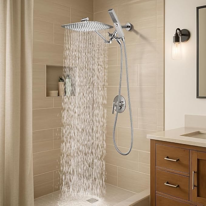G-Promise All Metal 12 Inch Dual Square Shower Head with Handheld Spray Combo, Rain Shower Head, Adjustable Extension Arm, 3-Way Diverter, 71 Inch Extra Long Hose - A Bathroom Upgrade (Chrome)