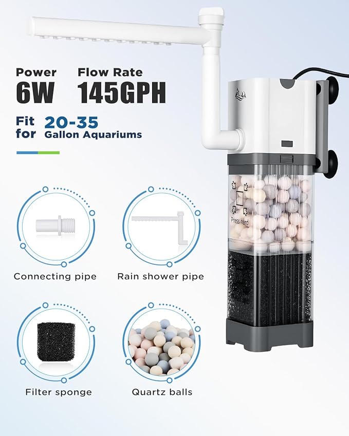 AQQA Aquarium Filter, Power Fish Tank Filter with Rainshower Pipe Adjustable Water Flow, Ultra Silent Biochemical Quartz Balls&Physical Sponge Double Filtration for Fish Tank 20-35 Gallon (6W-145GPH)