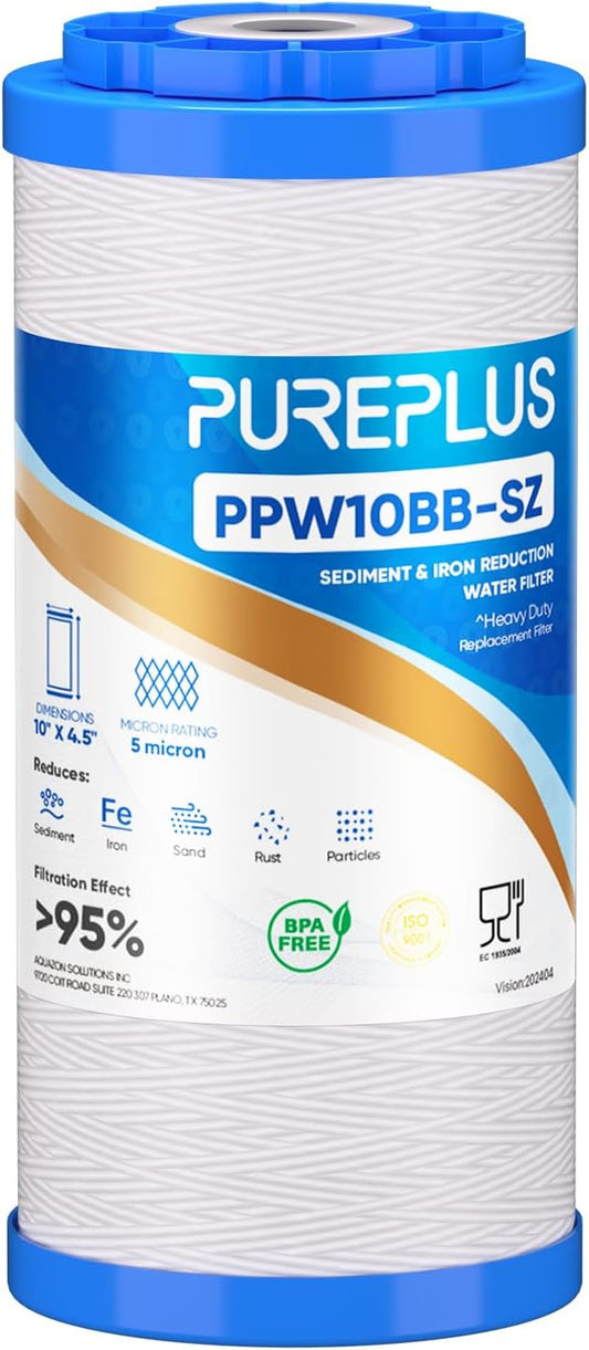 PUREPLUS 10"×4.5" String Wound Sediment Filter Compound With Iron Reducing Filter, Compatible With Whole House Water Filtration System For Well Water, 1Pack