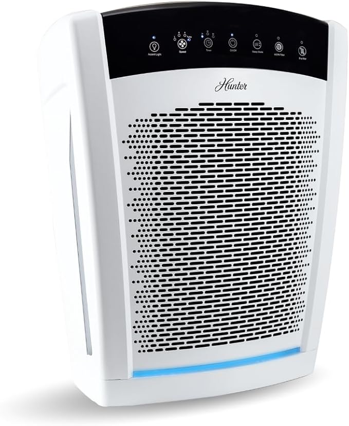 Hunter HP850 Air Purifiers for Home Large Room and Bedroom. True HEPA Air Purifier for Pets, Odors, Allergens, Smoke, Dust. 4 Fan Speeds, Quiet Sleep Mode, UV Mode. Filters 2585 Ft² per hour. White
