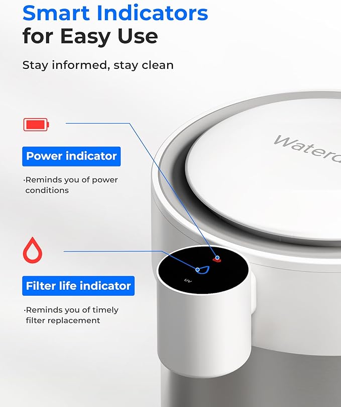 Waterdrop Rechargeable Non-Gravity Water Filter System with LED Function, Reduces 70+ Contaminants, Lead, Chlorine, 5-Stage Stainless Steel Filtration System, 22-Cup Water System, with 1 Filter
