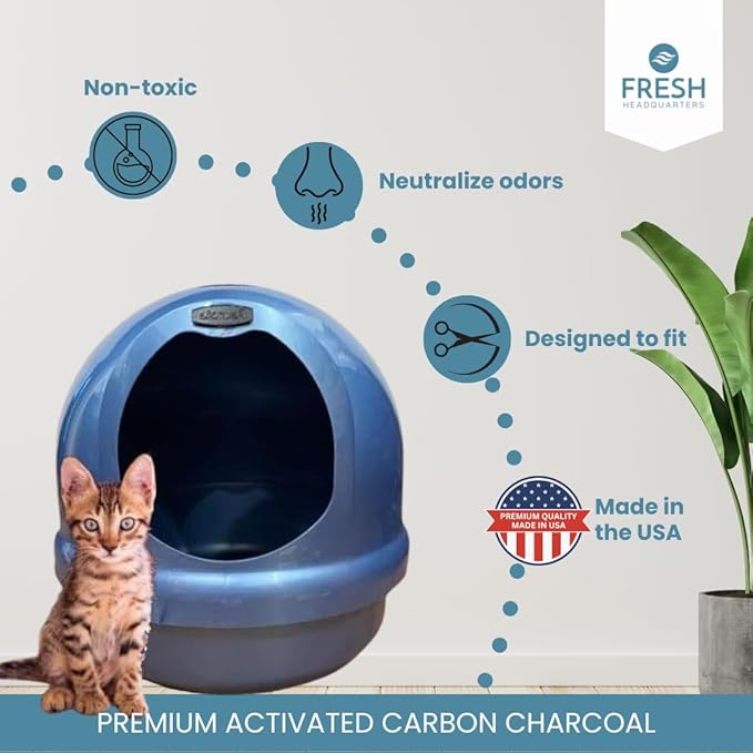 12-Pack Activated Carbon Litter Box Filters - Premium Pre Cut Cat Litter Filters Replacement - Compatible with PetMate Booda Dome Covered Box, Biodegradeable and Made in USA