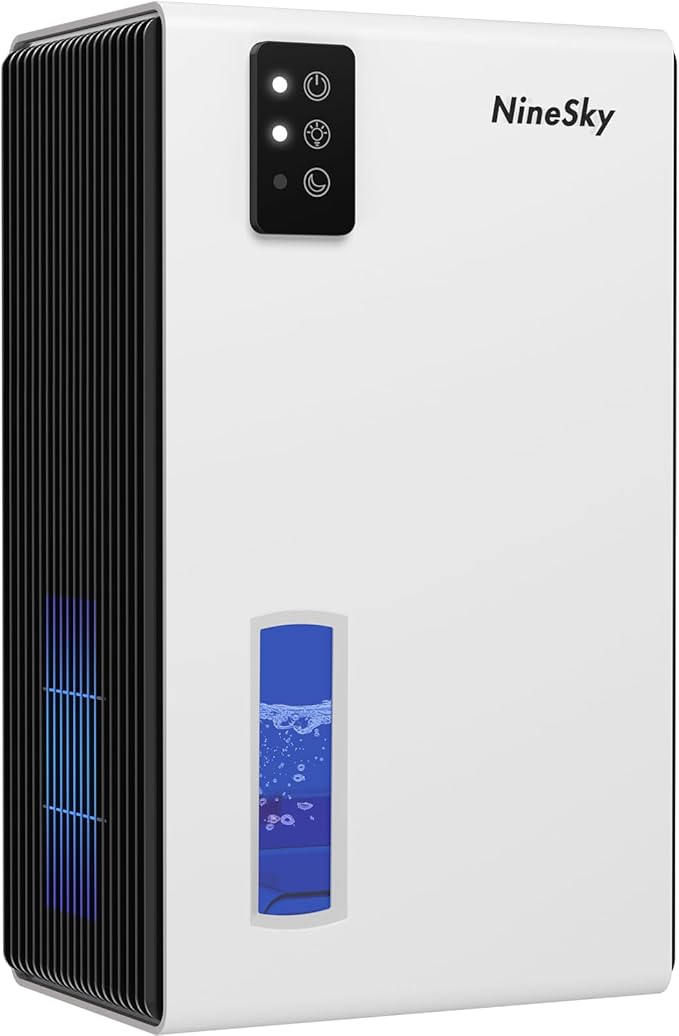 NineSky Dehumidifier for Home, 95 OZ Water Tank, (1000 sq.ft) Dehumidifiers for Bathroom Bedroom Basement with Auto Shut Off,7 Colors LED Light (White)