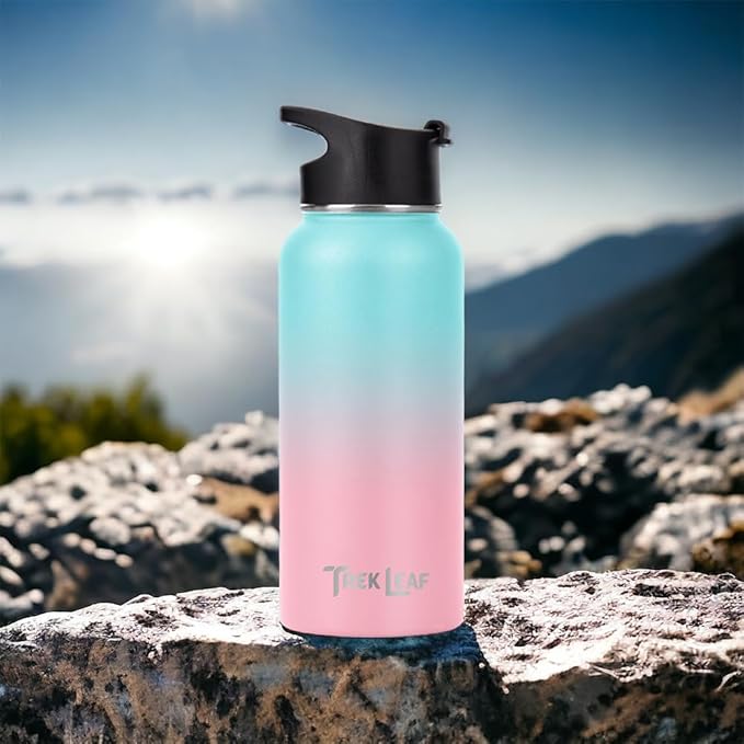 Travel Water Bottle with Carrying Bag, 3 Lids (Spout, Straw, Flip), and Bottle Brush; Leak Proof, Quality, Vacuum Insulated, Stainless Steel (Hydrangea, 32 oz)