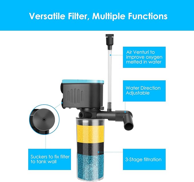 AquaMiracle Submersible Aquarium Filter 3-Stage in-Tank Filter with Dual Water Outlet & Aeration, 130GPH Internal Fish Tank Filter for 10-30 Gallon Aquariums