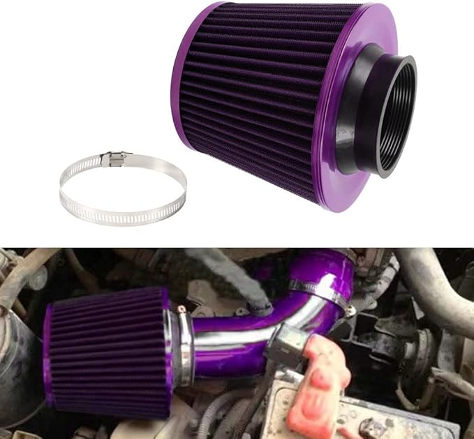 muge racing 3-inch Cold Air Intake Filter 76mm, High Performance Clamp-On Engine Intake Air Filter, Washable Reusable & Universal Round Tapered Replacement Air Filter, Purple