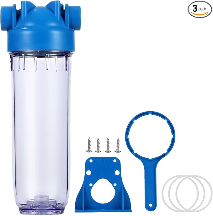 Geekpure 10-Inch Whole House Clear Filter Housing - 3/4" NPT Brass Port-Fit for 2.5" x 10" Filters (3)