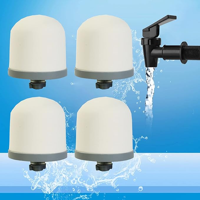 HUI NING Replacement Ceramic Dome Water Filter and Faucet Kit for Countertop,Household Water Bucket, Water Cooler Filtration Systems Water Pitcher (2 Dome Filters & 2 White Taps)