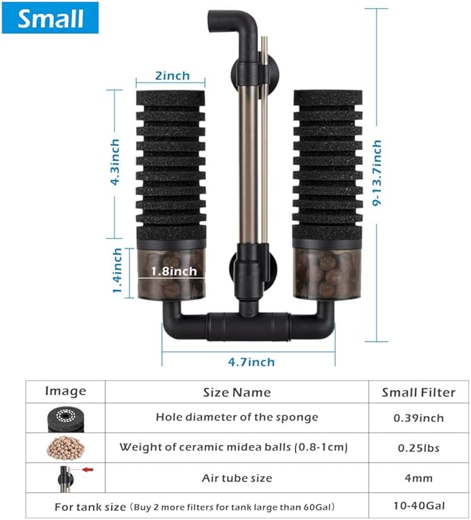 hygger Sponge Filter, Aquarium Filter Double Sponge Replaceable Media with 4 Biochemical Sponges and 1 Bag of Filtered Ceramic Balls Ultra Quiet Filter Fish Tank (S/M)