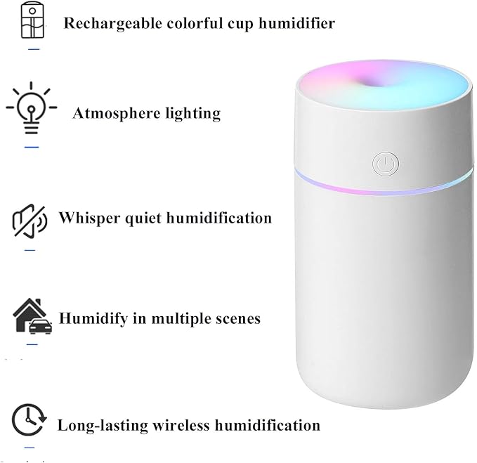 Humidifier, Humidifiers for Bedroom with Colorful Atmosphere Lights,2 Mist Modes Quiet, Easy to Clean, Small Portable for Plants, Baby, Car, Travel and Office(White)