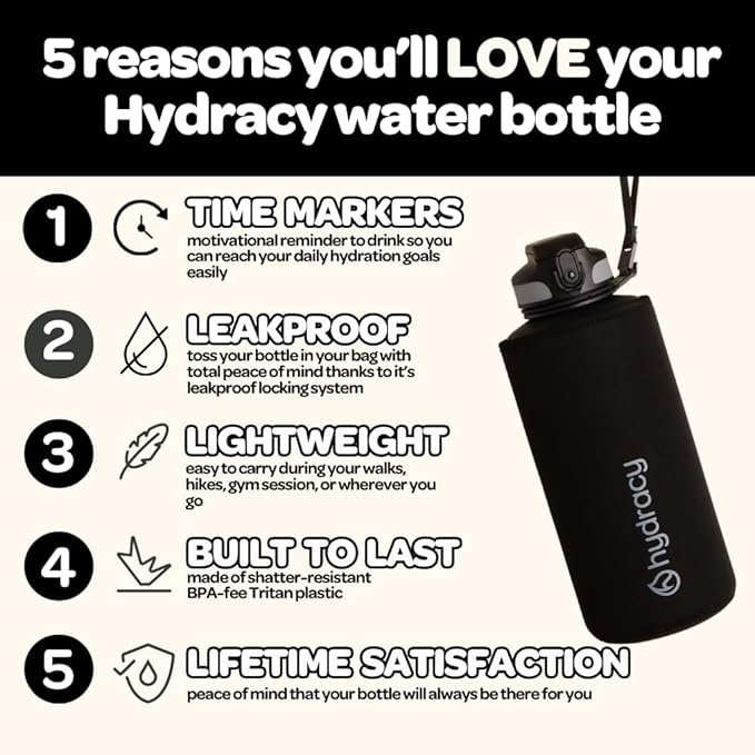Hydracy Water Bottle with Time Marker -Large BPA Free Water Bottle & No Sweat Sleeve -Leak Proof Gym Bottle with Fruit Infuser Strainer & Times to Drink -Ideal for Fitness Sports & Outdoors