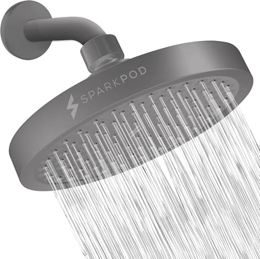 SparkPod Shower Head - High Pressure Rain - Premium Quality Luxury Design - 1-Min Install - Easy Clean Adjustable Replacement for Your Bathroom Shower Heads (Charcoal Grey, 6 Inch Round)