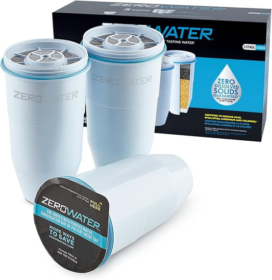 ZeroWater 5-Stage Water Filter Replacement, NSF Certified to Reduce Lead, Other Heavy Metals and PFOA/PFOS, 3 Count (Pack of 1), White