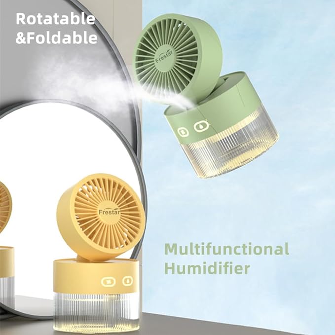 Personal Cooling Fan and Small Air Humidifier 350ml with LED Night Light, Desktop USB Charging Humidifier and Fan 3 in 1 for Office and Small Room, No Battery (Yellow)