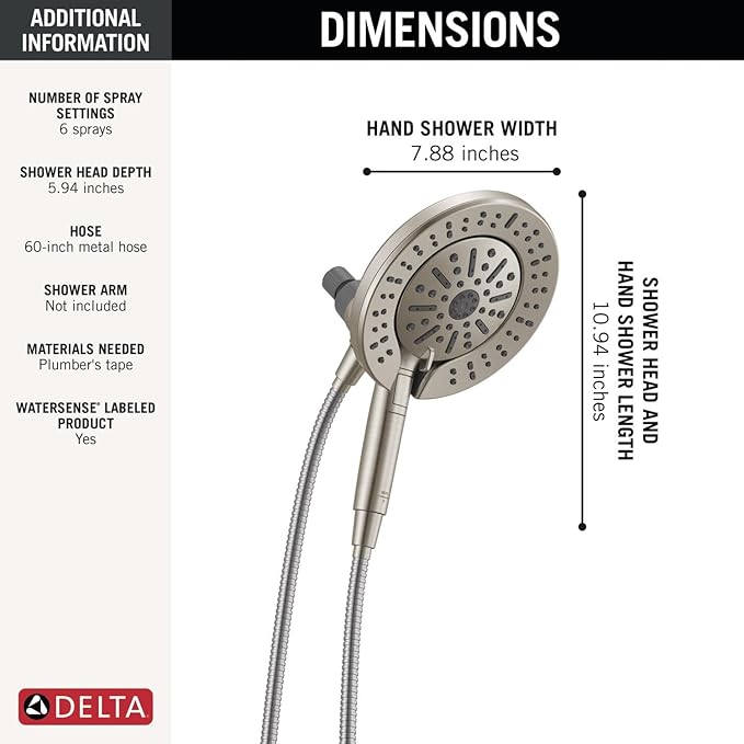 Delta 6-Setting In2ition 2-in-1 Dual Shower Head with Handheld High Pressure ProClean Spray, Brushed Nickel Detachable Shower Head with Hose, 1.75 GPM Flow Rate, Satin Nickel 75655SN