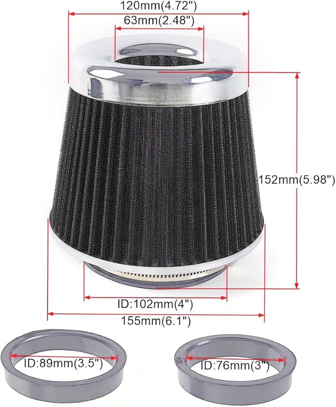 4-Inch Cold Air Intake Filter - Washable, High Performance, 3" or 3-1/2" or 4" Clamp-On Replacement Air Filter Black