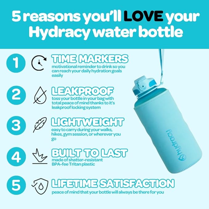 Hydracy Water Bottle with Time Marker -Large BPA Free Water Bottle & No Sweat Sleeve -Leak Proof Gym Bottle with Fruit Infuser Strainer & Times to Drink -Ideal for Fitness Sports & Outdoors
