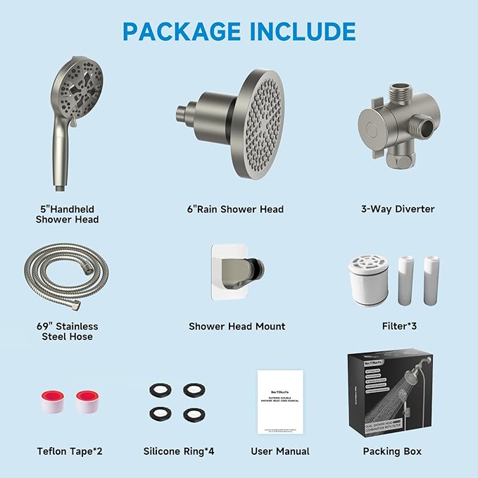 Filtered Shower Heads With Handheld Spray Combo, High Pressure 6" Rain Showerhead & 5" Handheld Dual Shower Head with Filters, Double Shower Heads Set for Hard Water, 69" Shower Hose