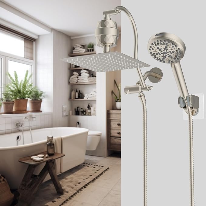 Hibbent All Metal 10'' Filtered Rainfall Shower Head Combo, High Pressure Handheld Shower Head with 12'' Adjustable Curved Extension Arm, 20 Stage Shower Filter, 10-spray, 71'' Hose, Brushed Nickel