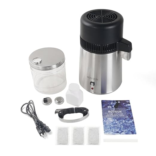 ROVSUN【Upgraded】 1.1 Gallon/4L Water Distiller Stainless Steel for Home, 750W Distilled Water Maker Machine, Water Distillers Countertop, Water Maker Purifier with Glass Container, 1L/H