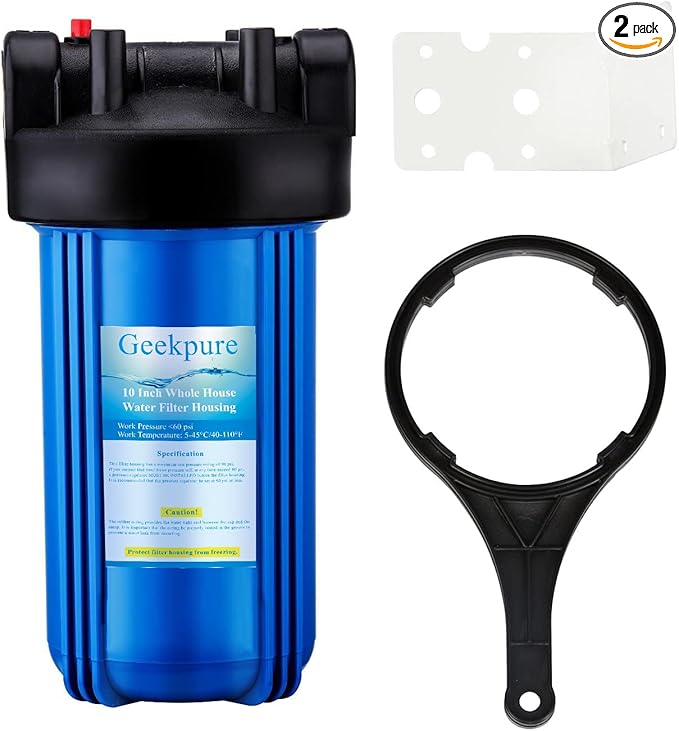 Geekpure 10-Inch Whole House Water Filter Housing 4.5"x10"1-Inch Outlet/Inlet with Wrench and Bracket-Blue Color (2)