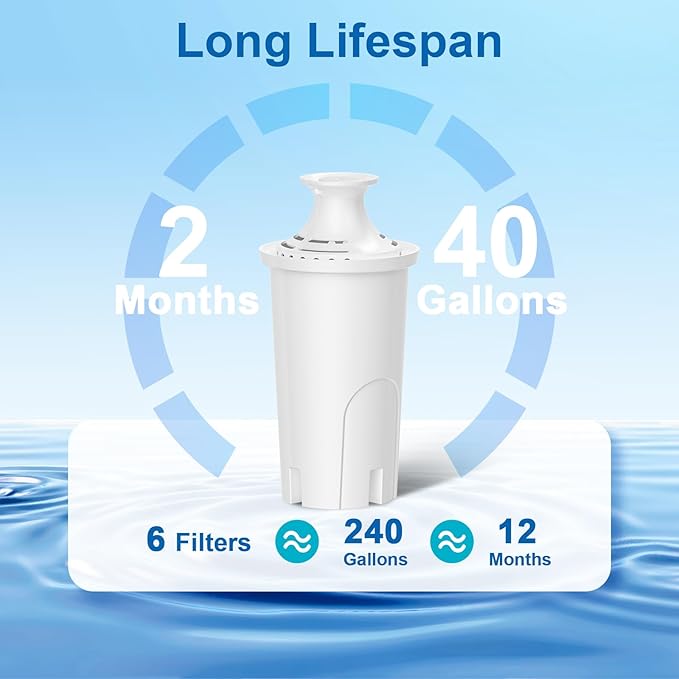 Water Filter Replacement for Brita Water Pitchers and Dispensers, Classic 35557, Ob03, Mavea 107007 and More, Reduce Chlorine and Bad Taste, Lasts Two Months or 40 Gallons, Includes 6 Filters