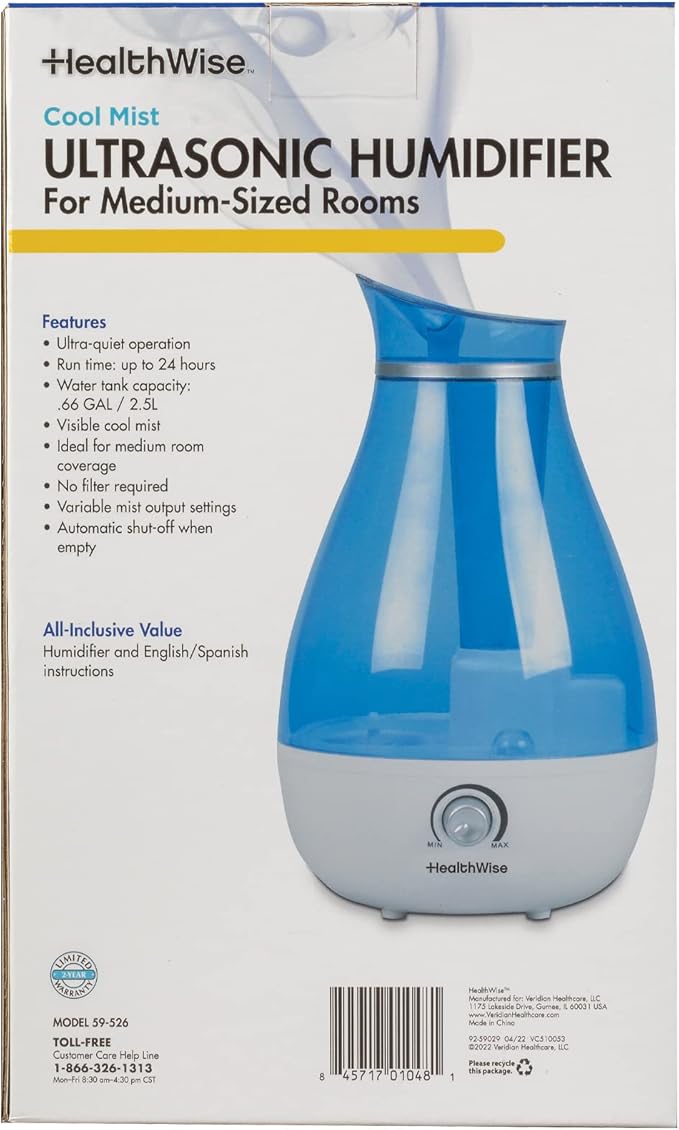 HealthWise Cool Mist Ultrasonic Humidifier | For Medium Size Rooms | No Filter Required | 24 Hour Run Time, Blue, 2.6L