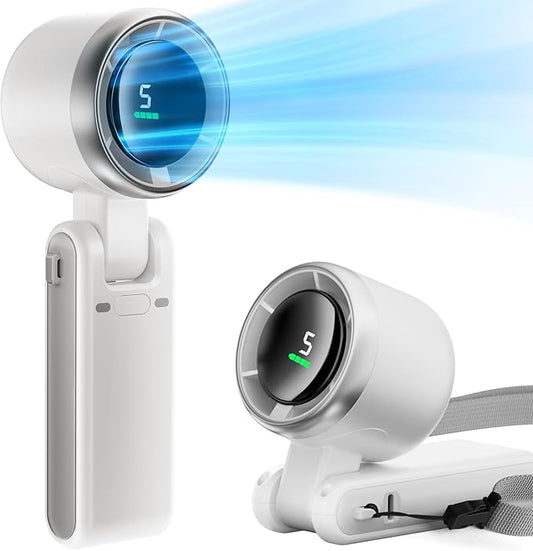 Foldable Handheld Fan, Portable Strong Winds Rechargeable 10000mAh Mini Turbo Fan, Digital Display, 5 Speed Adjustable Personal Small Pocket, Gifts for Women Men Travel Camp Outdoor Office