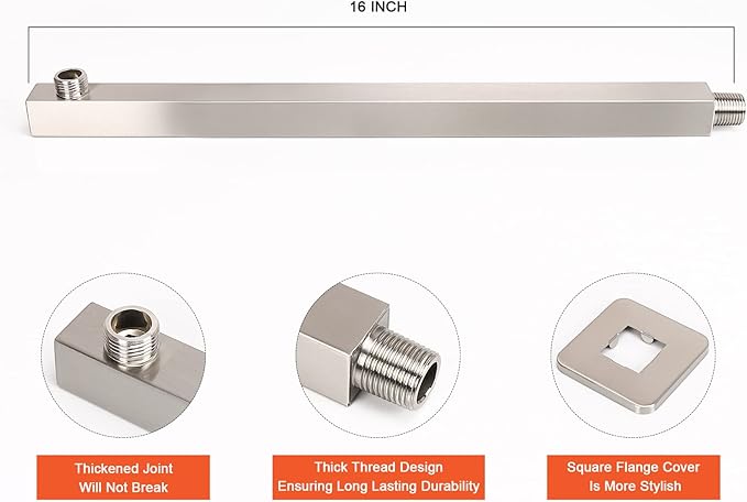 HarJue Shower Head with Extension Arm, High Pressure Square with ShowerArm, Stainless Steel Rainfall-Waterfall Full Body Coverage (10'' Shower with 16'' Arm, Brushed Nickel)