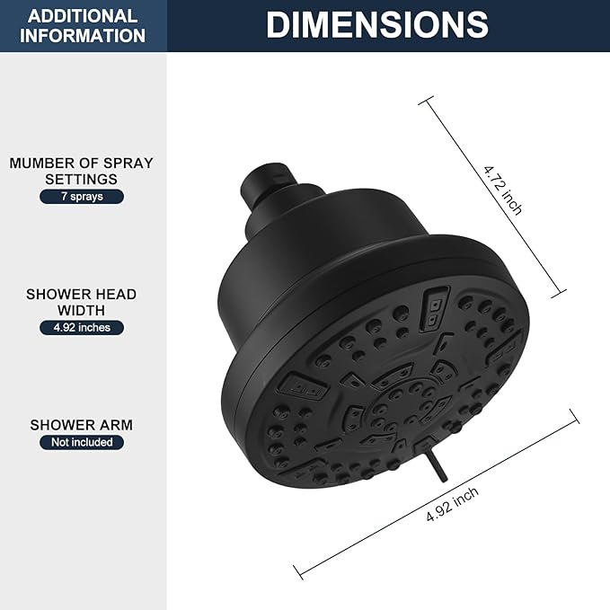 Matte Black Filtered Shower Head High Pressure 7 Modes Shower Heads with Filter for Hard Water Adjustable Replacement Remove Chlorine and Harmful Substances, ABS