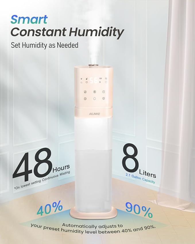 Smart Humidifier Large Room, 2.1Gal/8L Humidifiers for Bedroom with Extended Tube&Night Light, Whole House Cool Mist Humidifiers, WIFI App&Voice Control, School/Office/Warehouse, Pale Pink