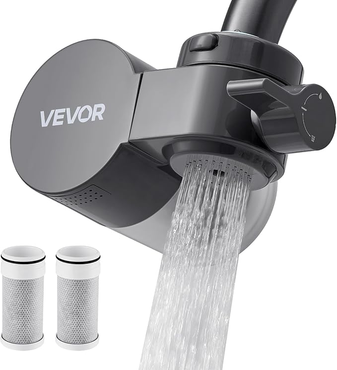 VEVOR Faucet Mount Water Filter, Horizontal Water Purifier for Sink Tap, NSF Certified Carbon Fiber Filter, Removes Chlorine Lead with 3 Filters, Fits Most Kitchen or Bathroom Faucets, Gray