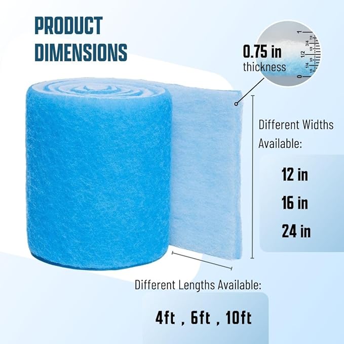 Premium Aquarium Filter Media Pad - Cut-to-Fit Roll, Fresh and Saltwater Safe, Blue & Dye-Free Options, Made in USA(Blue Bonded, 12"x96"(8 ft) by 0.75")