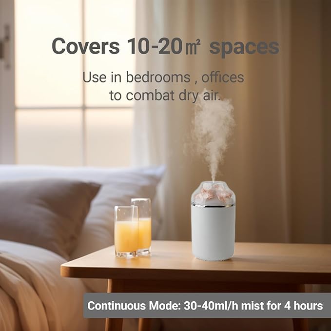 Portable USB Humidifier with 7-Color Mood Light | 280ml Quiet Mist for Bedroom, Office, Car | Auto Shut-Off & 8H Runtime (White)