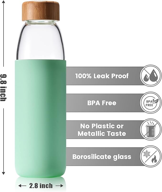 veegoal 25 Oz Borosilicate Glass Water Bottles with Bamboo Lid, BPA-FREE, Non-Slip Silicone Sleeve, and Stainless Steel Leak Proof Lid - Reusable Glass Bottle for Men and Women