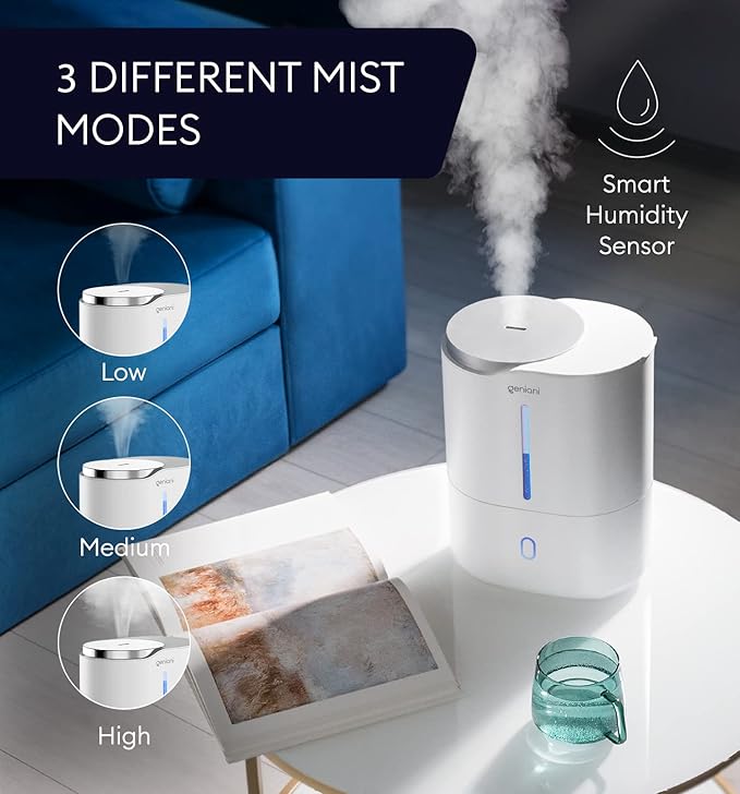 GENIANI Cool Mist Air Humidifiers for Bedroom, Plants, and Large Rooms - Quiet Humidifiers for Baby Room with Auto Shut Off & Night Light (3.9L, White)