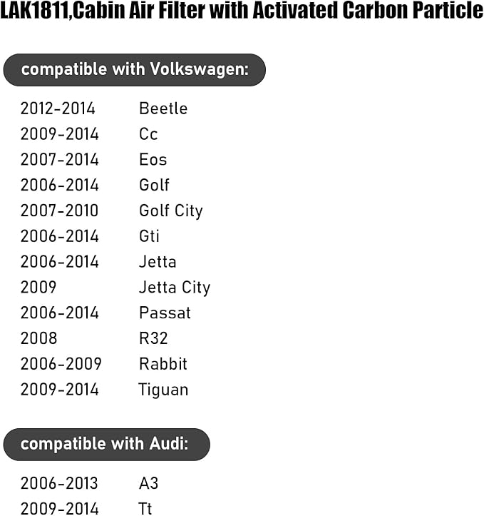 LAK1811,Cabin Air Filter with activated carbon particle for Volkswagen,2012-2014 Beetle,2009-2014 CC,2007-2014 Eos,Golf,Golf City,GTI,Jetta,Jetta City,Passat,R32,Rabbit.Audi,A3,TT.