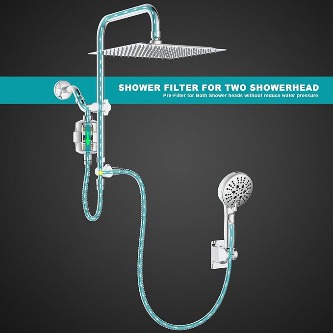 Dual Shower Head with Filter Combo,Stainless Steel 10in Rainfall Showerhead with 10in Height Adjustable Slide Bar&3-Way Diverter,Handheld Shower Head with On Off Switch&Adhesive Shower Holder