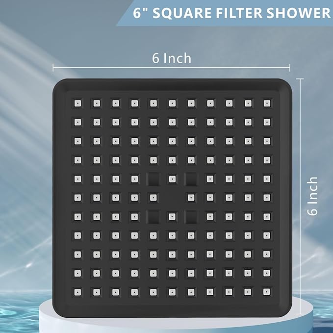 High Pressure Rain Shower Head with Filtered - 6" Square Showerhead Filter for Remove Chlorine and Harmful Substances, Improve Hair and Skin Problems, Matte Black