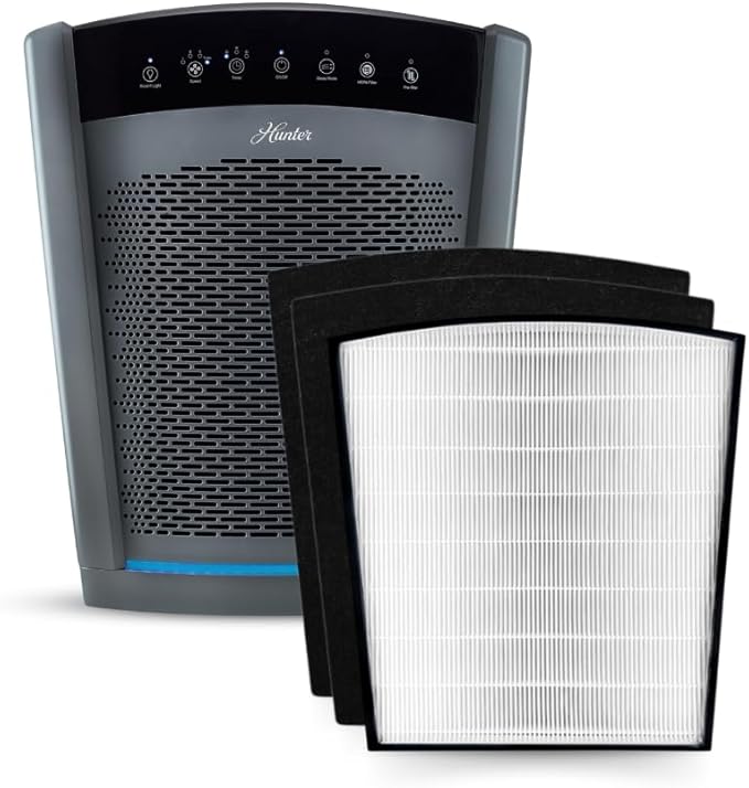 Hunter HP800 Air Purifiers for Home Large Room and Bedroom. True HEPA Air Purifier for Pets, Odors, Allergens, Smoke, Dust, VOC's. Value Bundle w/Extra Filter. Cleans 2585 Ft² per hour. Graphite